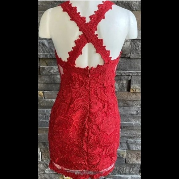 Venus Red Mini Dress Lace With Mesh Cutouts Womens - Picture 4 of 4